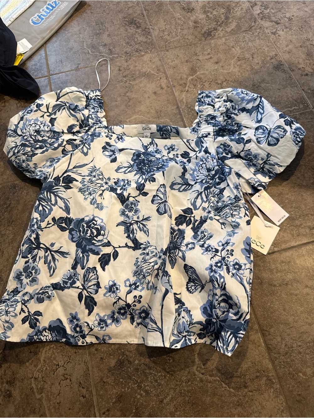 🥦CeCe Blue Floral Puff-Sleeve Square Neck Blouse